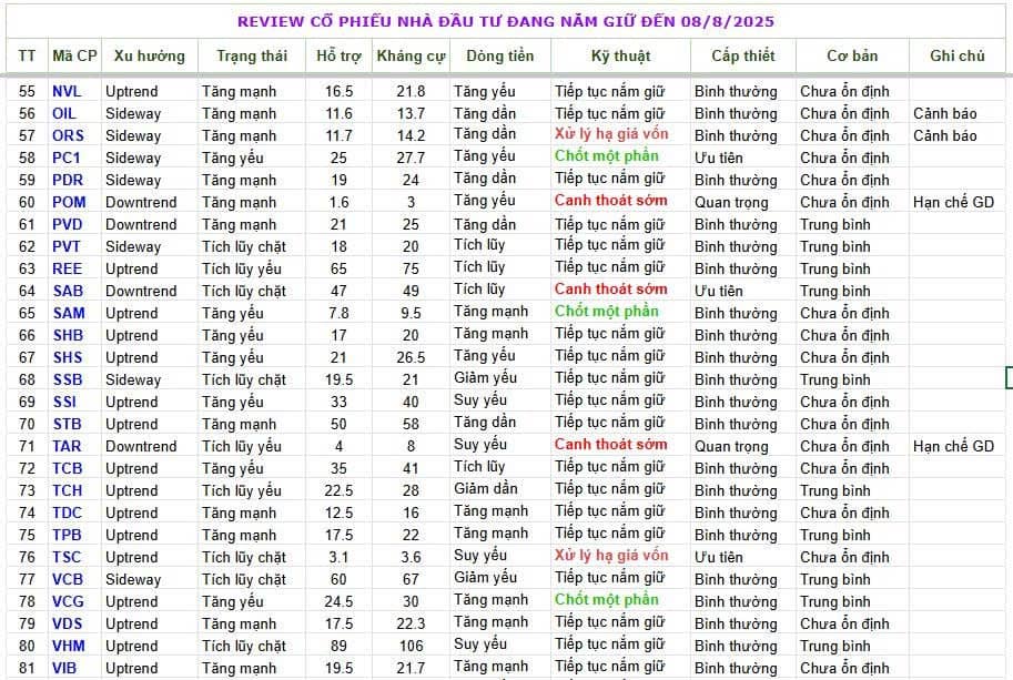Kính gửi quý Anh/Chị bảng tổng hợp. REVIEW CỔ PHIẾU NHÀ ĐẦU TƯ ĐANG NẮM GIỮ ĐẾN 08/08/2025. Xin chân  ...
