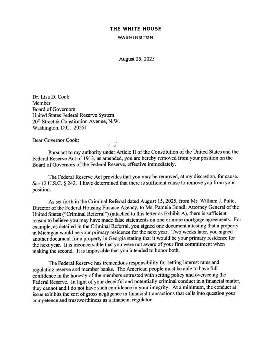 TỔNG THỐNG TRUMP ĐÃ SA THẢI THỐNG ĐỐC FED LISA COOK VÌ CÁO BUỘC GIAN LẬN THẾ CHẤP. Theo luật, Tổng thống  ...