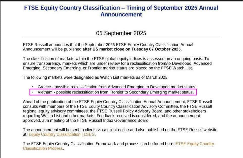 Việt Nam đứng trước cơ hội lịch sử: Nâng hạng thị trường chứng khoán vào tháng 10/2025?