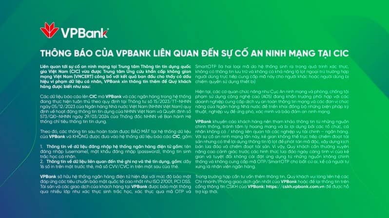 Thông báo của VPBank liên quan đến sự cố an ninh mạng tại CIC