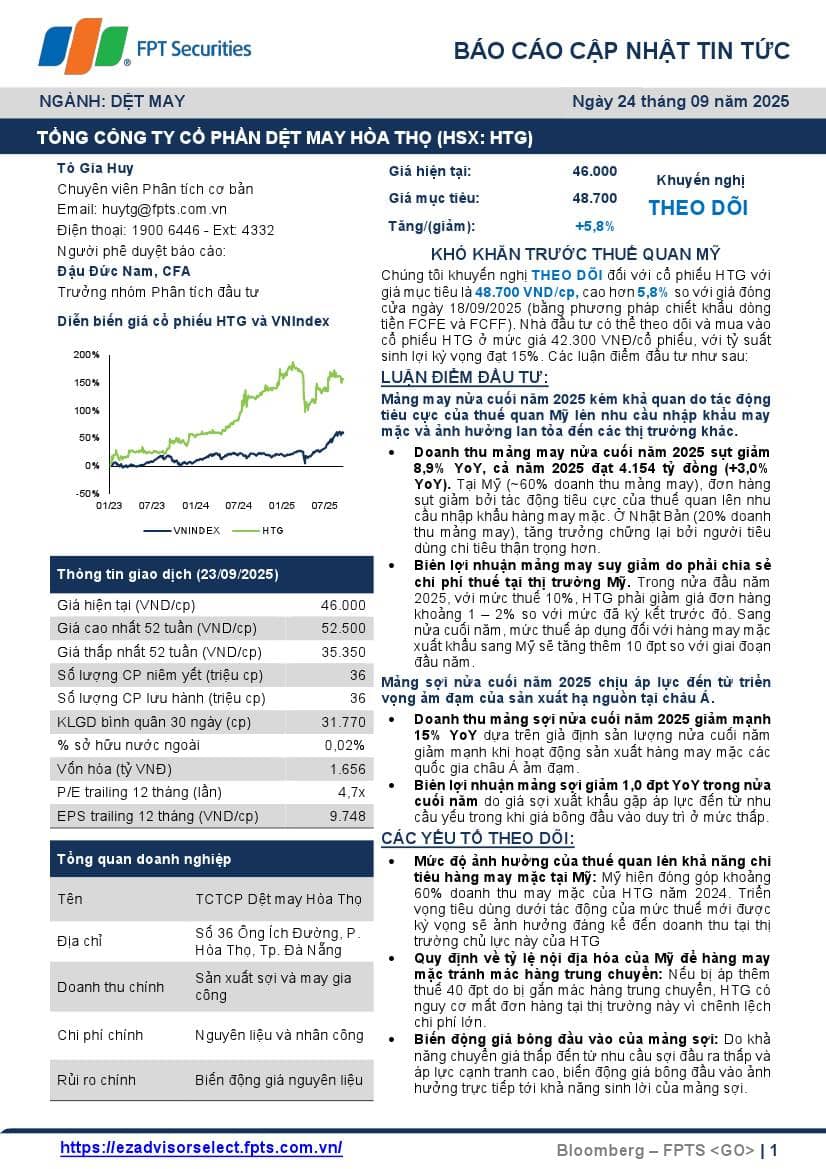 HTG: Khuyến nghị THEO DÕI với giá mục tiêu 48,700 đồng/cổ phiếu