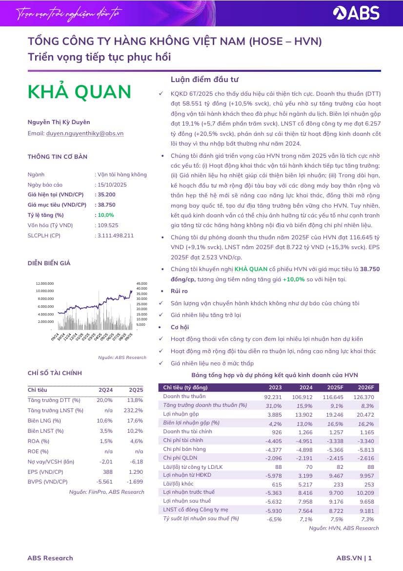 HVN: Khuyến nghị KHẢ QUAN với giá mục tiêu 38,750 đồng/cổ phiếu