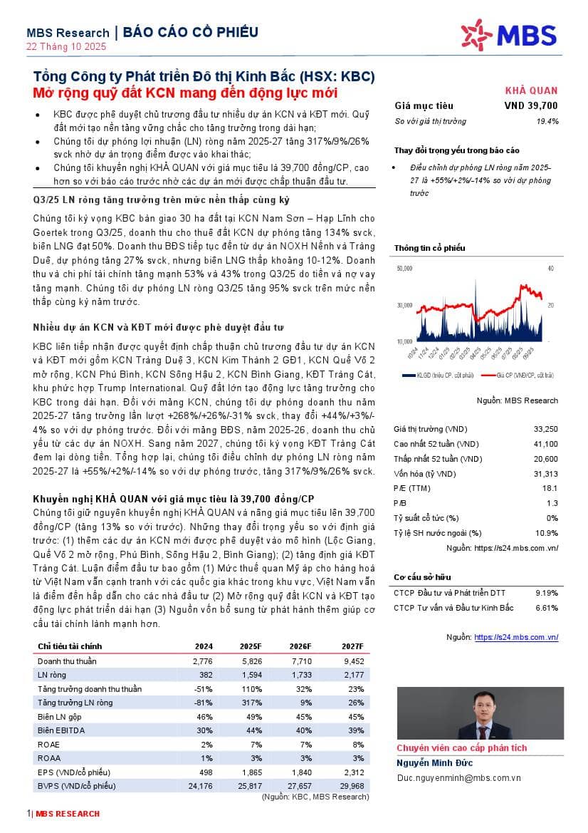 KBC: Khuyến nghị KHẢ QUAN với giá mục tiêu 39,700 đồng/cổ phiếu