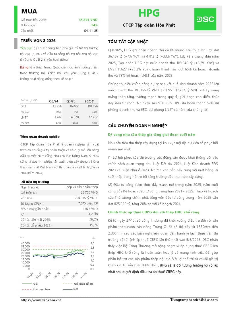 HPG: Khuyến nghị MUA với giá mục tiêu 35,800 đồng/cổ phiếu