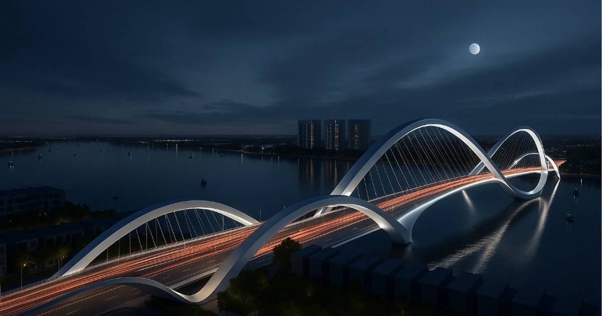 Đô thị lấn biển Cần Giờ của Vingroup có hai cầu vượt biểu tượng nổi bật về đêm