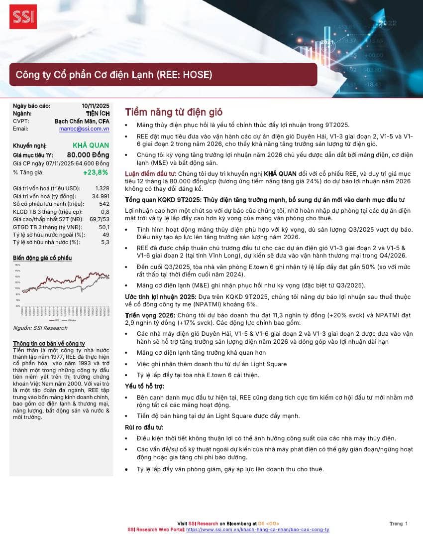 REE: Khuyến nghị KHẢ QUAN với giá mục tiêu 80,000 đồng/cổ phiếu