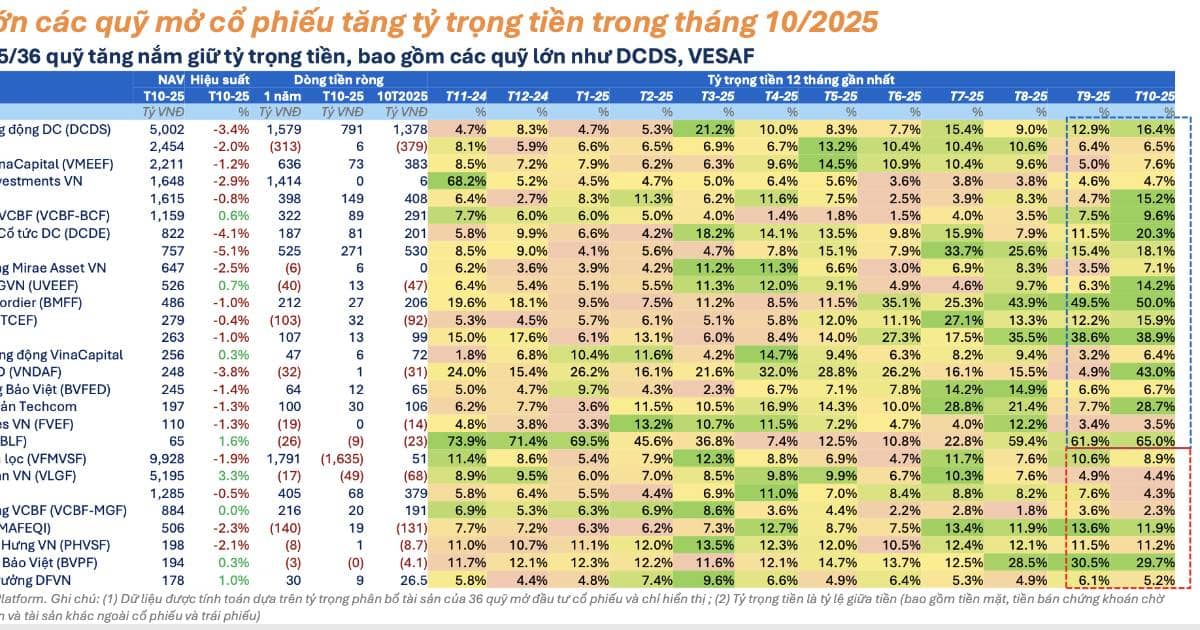 Loạt quỹ cổ phiếu trên 1.000 tỷ đồng tăng mạnh tỷ lệ tiền mặt để phòng thủ