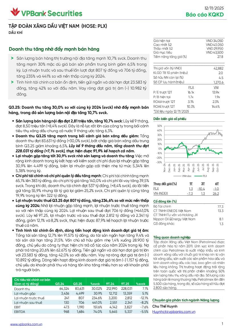 PLX: Báo cáo cập nhật KQKD Q3/2025
