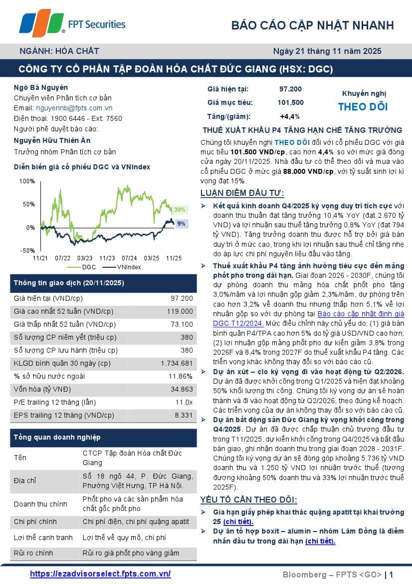 DGC: Khuyến nghị THEO DÕI với giá mục tiêu 101,500 đồng/cổ phiếu