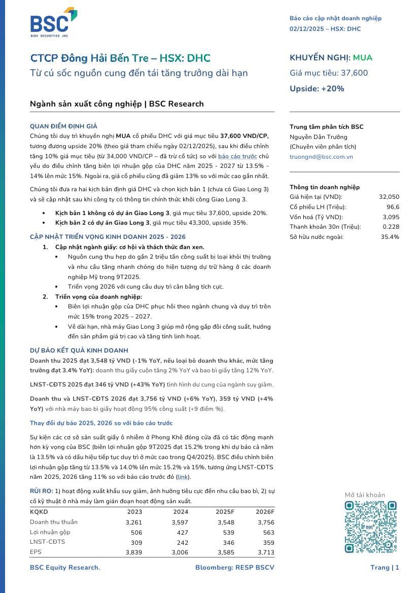 DHC: Khuyến nghị MUA với giá mục tiêu 37,600 đồng/cổ phiếu