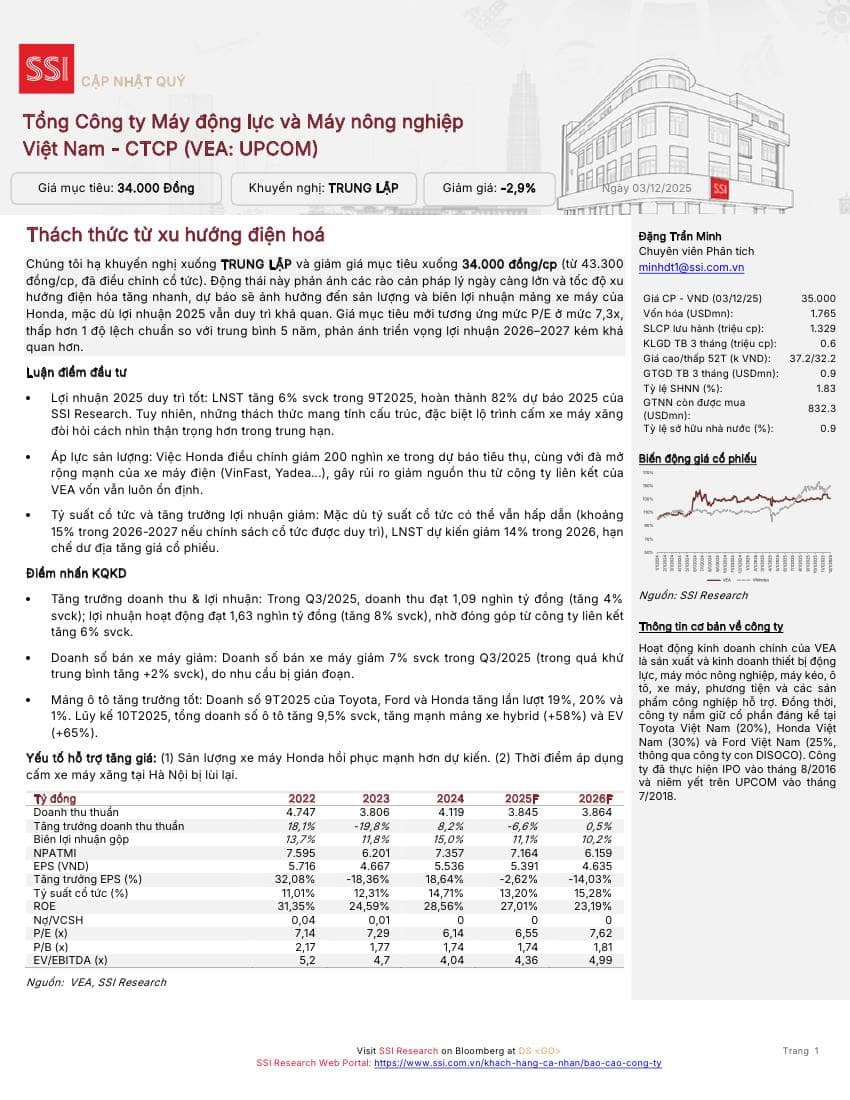 VEA: Khuyến nghị TRUNG LẬP với giá mục tiêu 34,000 đồng/cổ phiếu