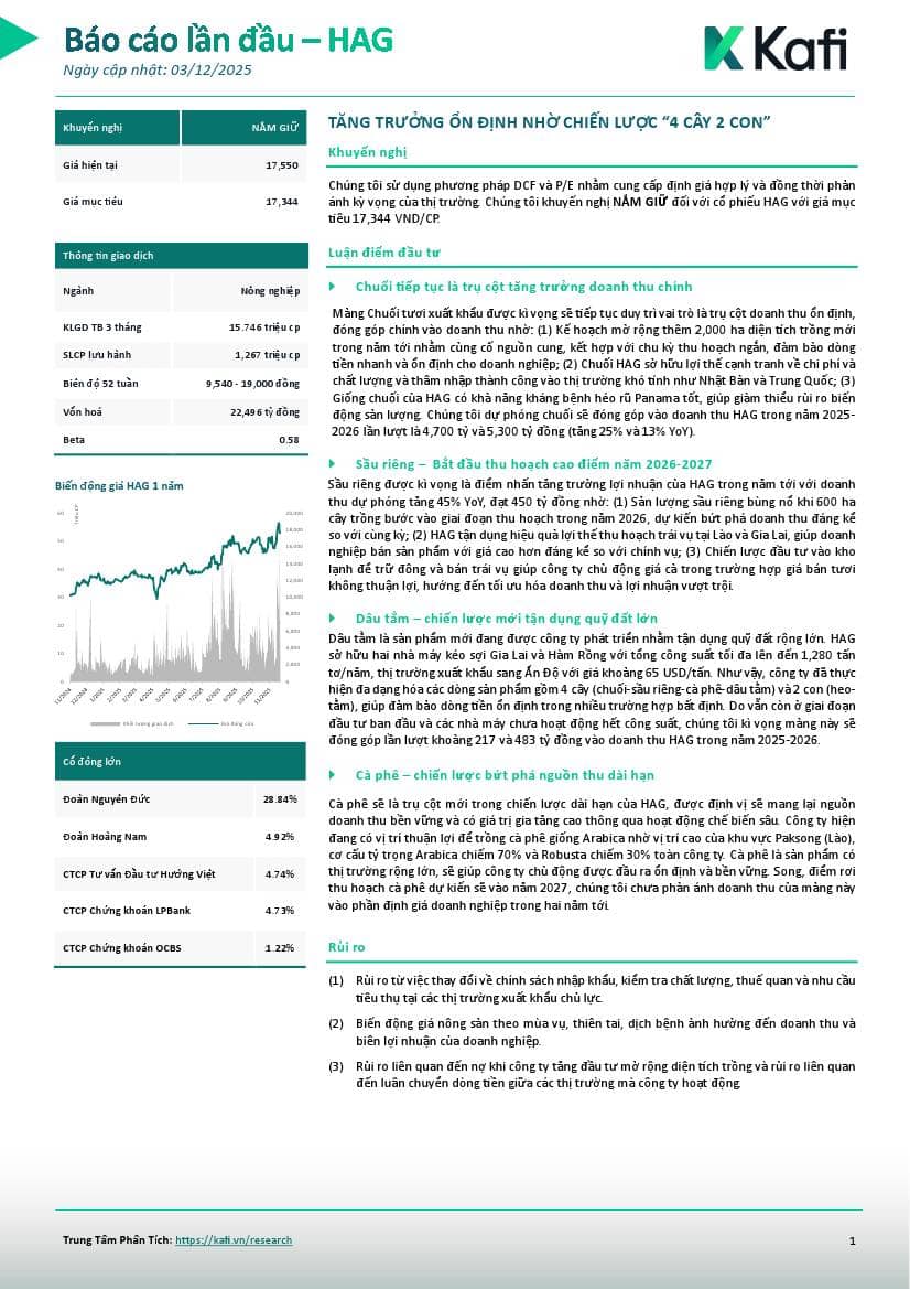 HAG: Khuyến nghị NẮM GIỮ với giá mục tiêu 17,550 đồng/cổ phiếu