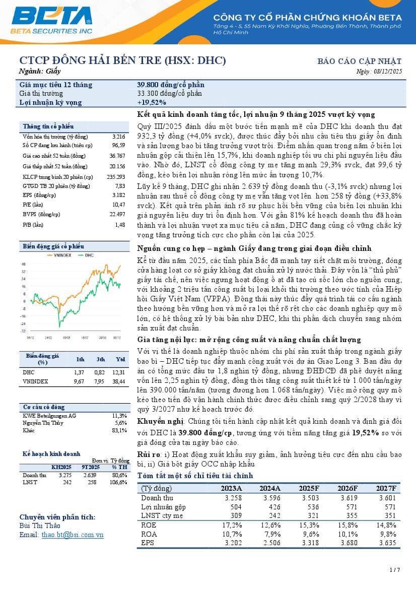 DHC: Khuyến nghị KHẢ QUAN với giá mục tiêu 39,800 đồng/cổ phiếu