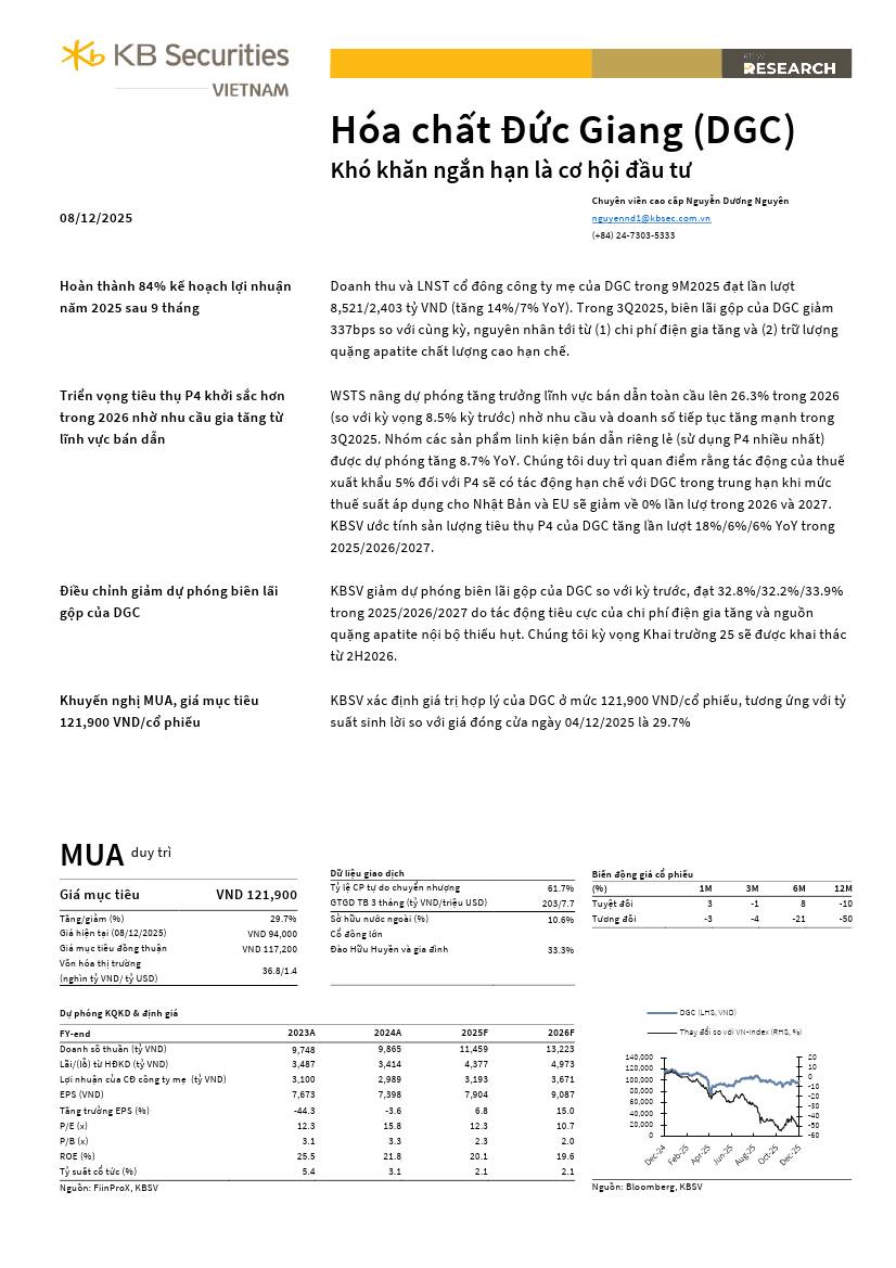 DGC: Khuyến nghị MUA với giá mục tiêu 121,900 đồng/cổ phiếu