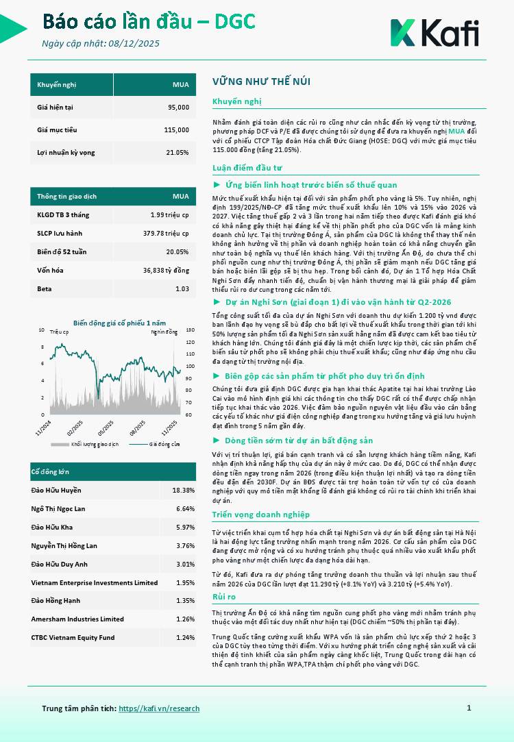 DGC: Khuyến nghị MUA với giá mục tiêu 115,000 đồng/cổ phiếu