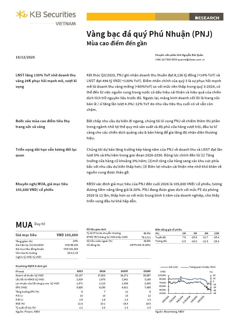PNJ: Khuyến nghị MUA với giá mục tiêu 105,600 đồng/cổ phiếu