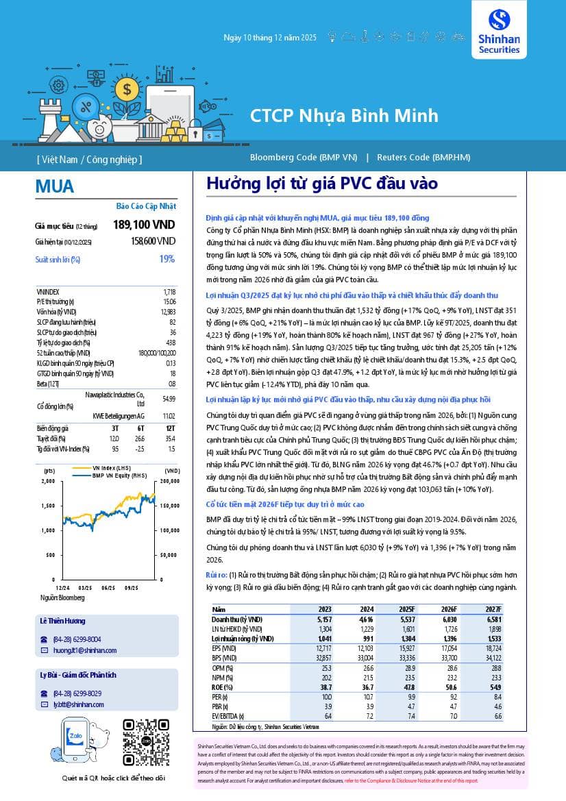 BMP: Khuyến nghị MUA với giá mục tiêu 189,100 đồng/cổ phiếu