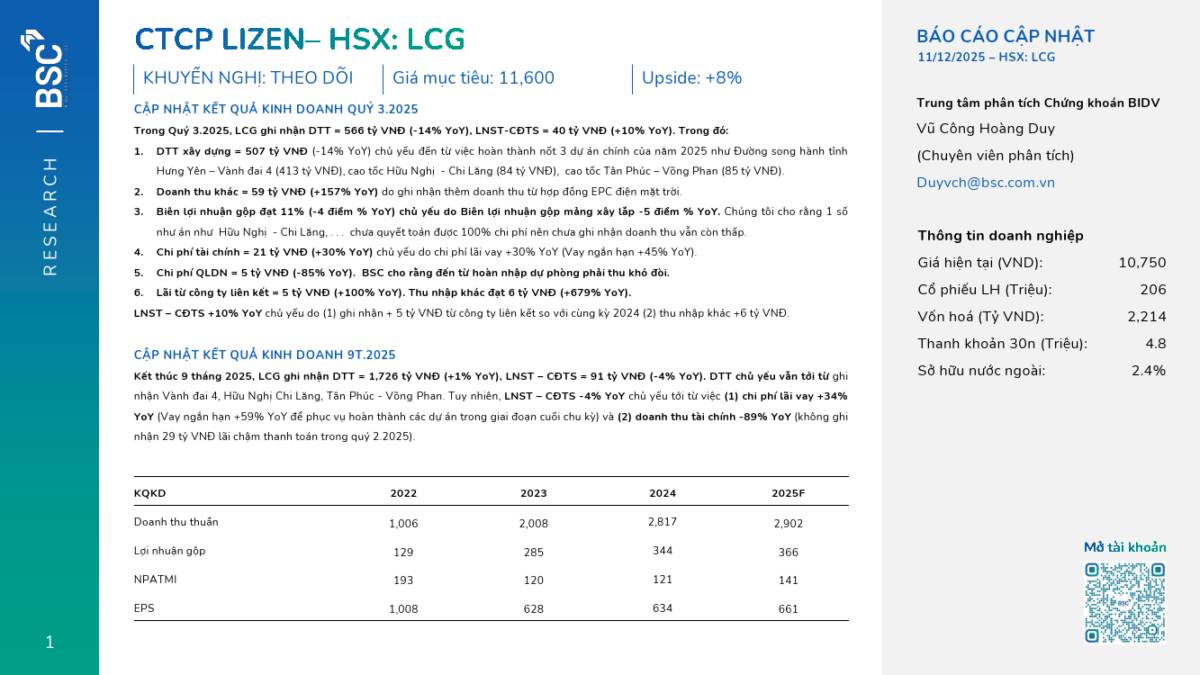 LCG: Khuyến nghị THEO DÕI với giá mục tiêu 11,600 đồng/cổ phiếu