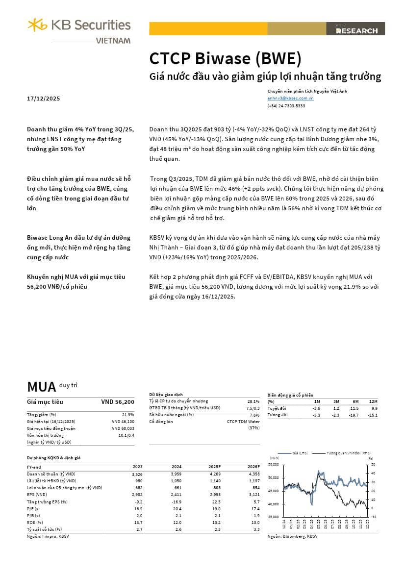 BWE: Khuyến nghị MUA với giá mục tiêu 56,200 đồng/cổ phiếu