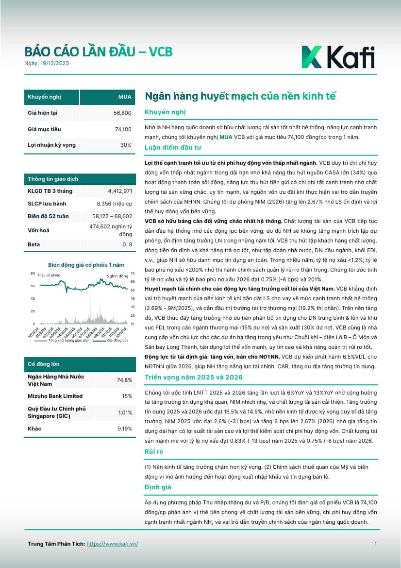 VCB: Khuyến nghị MUA với giá mục tiêu 74,100 đồng/cổ phiếu
