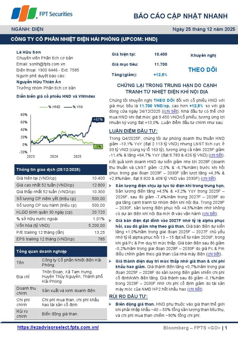 HND: Khuyến nghị THEO DÕI với giá mục tiêu 11,700 đồng/cổ phiếu