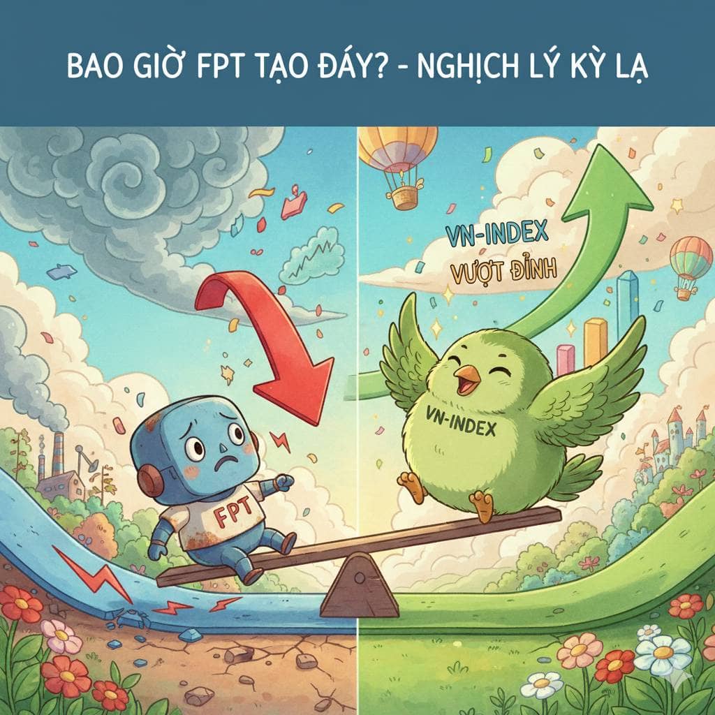 NGHỊCH LÝ FPT: BAO GIỜ TẠO ĐÁY?. Hình ảnh: giá cổ phiếu FPT vẫn đi xuống trong khi VN-index tăng mạnh.  ...