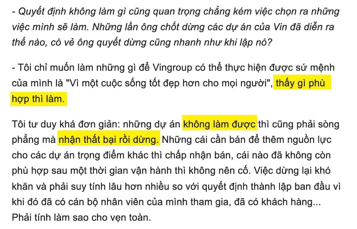 Về sự quyết đoán của Vingroup trong việc dừng dự án và vài suy nghĩ bên lề talkshow gần đây