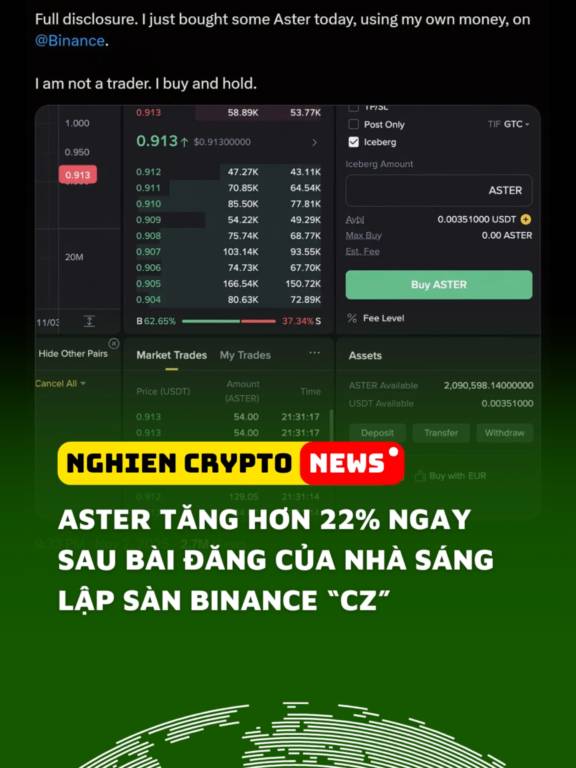 Aster dựng cột ngay sau bằng đăng của nhà sáng lập Binance - CZ