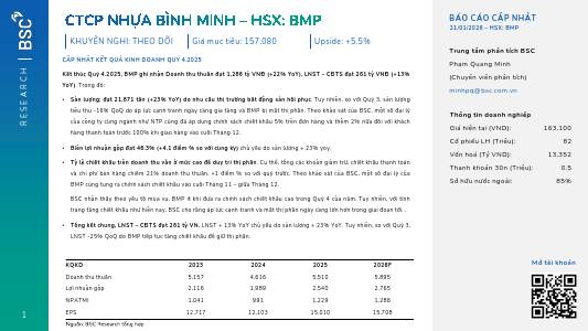 BMP: Khuyến nghị THEO DÕI với giá mục tiêu 157,080 đồng/cổ phiếu