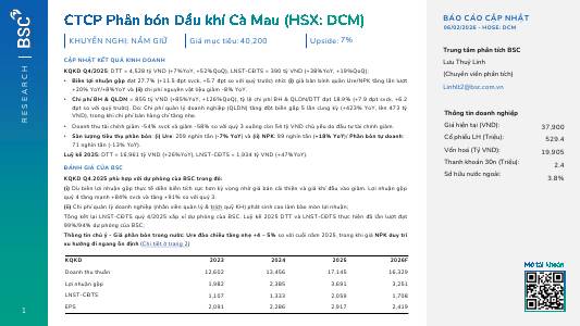 DCM: Khuyến nghị NẮM GIỮ với giá mục tiêu 40,200 đồng/cổ phiếu