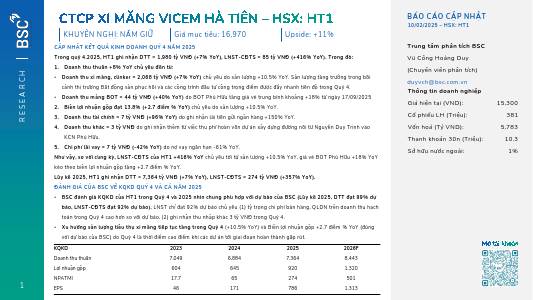 HT1: Khuyến nghị NẮM GIỮ với giá mục tiêu 16,970 đồng/cổ phiếu