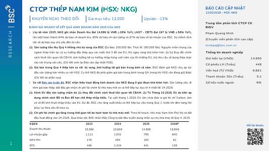 NKG: Khuyến nghị THEO DÕI với giá mục tiêu 13,000 đồng/cổ phiếu