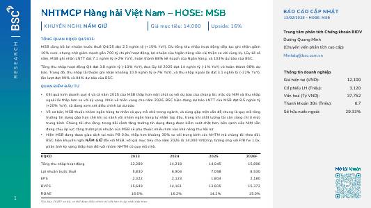 MSB: Khuyến nghị NẮM GIỮ với giá mục tiêu 14,000 đồng/cổ phiếu