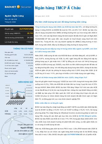 ACB: Khuyến nghị OUTPERFORM với giá mục tiêu 28,700 đồng/cổ phiếu