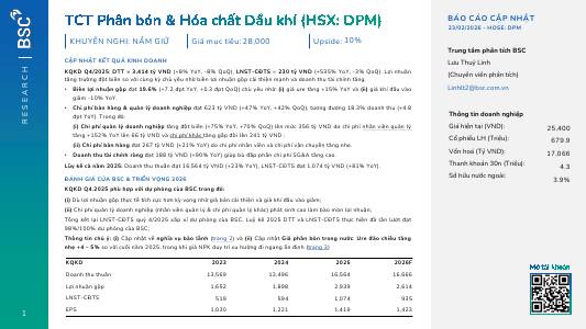 DPM: Khuyến nghị NẮM GIỮ với giá mục tiêu 28,000 đồng/cổ phiếu