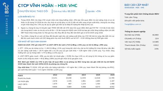 VHC: Khuyến nghị THEO DÕI với giá mục tiêu 66,000 đồng/cổ phiếu