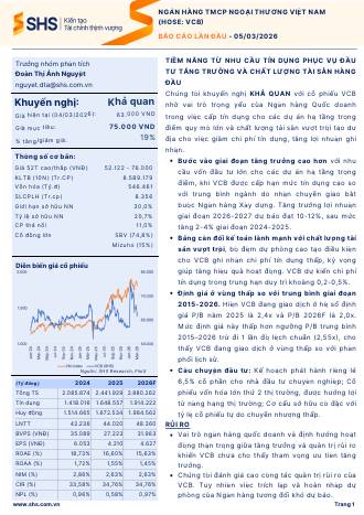 VCB: Khuyến nghị KHẢ QUAN với giá mục tiêu 75,000 đồng/cổ phiếu