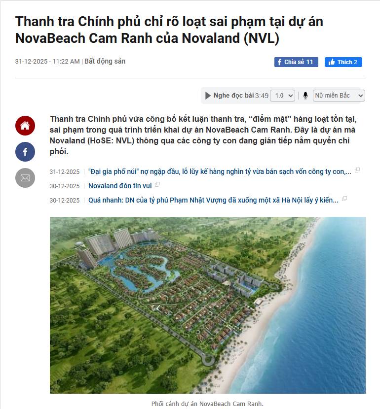 Thanh tra Chính phủ chỉ ra loạt sai phạm tại dự án NovaBeach Cam Ranh. 1. Bản chất sai phạm: Các lỗi  ...