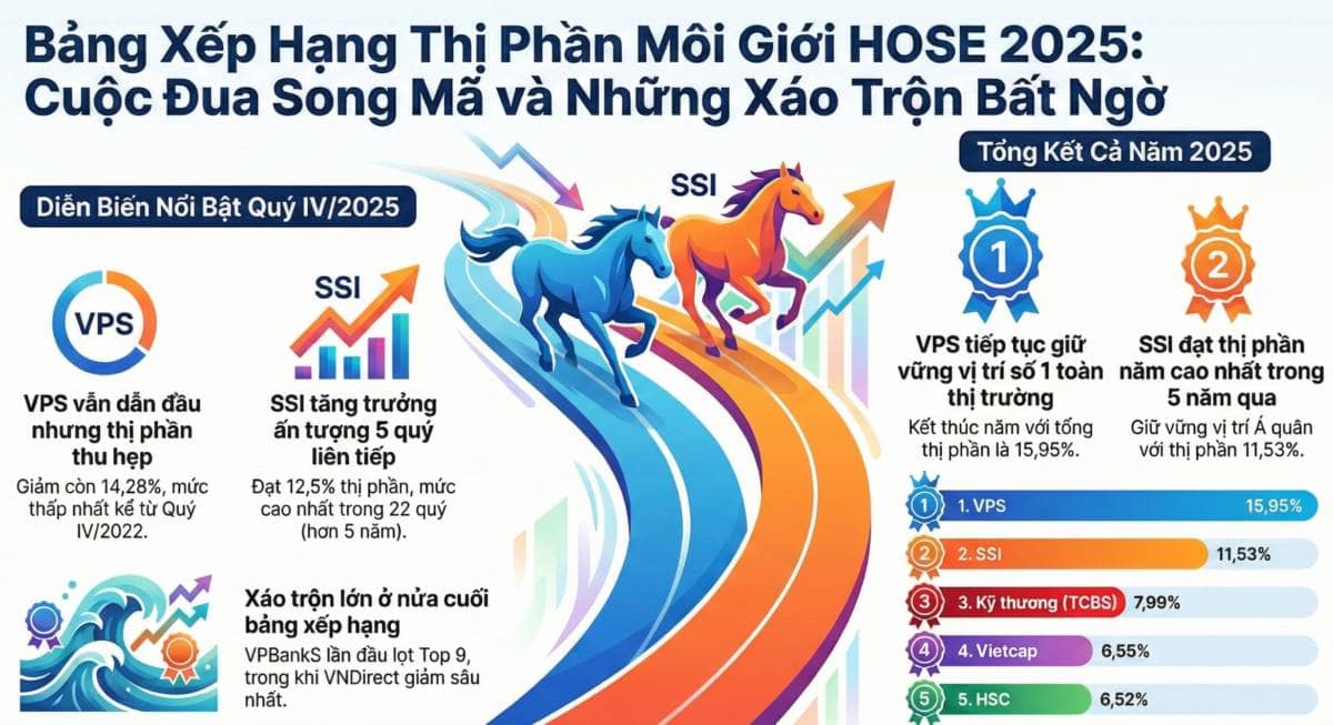 Bản đồ thị phần chứng khoán 2025: "Ông lớn" SSI trỗi dậy, VPS dẫn đầu nhưng đang chậm lại?