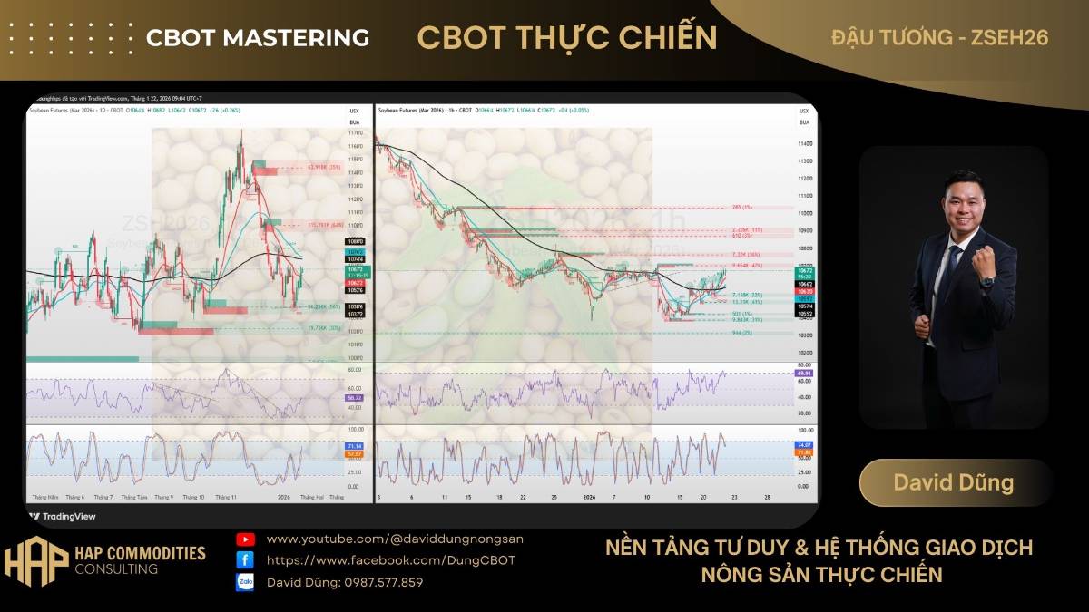 🟢 ĐẬU TƯƠNG (Soybean – ZSEH26) | D1 & H1. 1️⃣ Thị trường & giá. Đậu tương đang ở giai đoạn hồi kỹ thuật  ...
