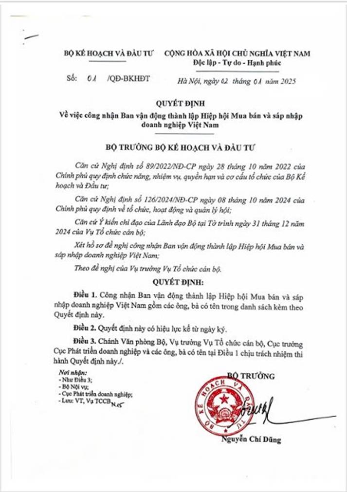 Bộ Kế hoạch và Đầu tư chính thức công nhận Ban vận động thành lập Hiệp hội Mua bán và Sáp nhập Doanh  ...