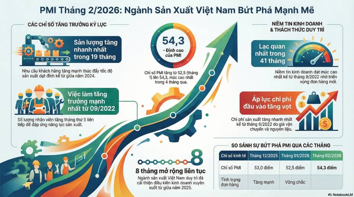 PMI tháng 2/2026 bứt phá lên 54.3 điểm: Cú hích mạnh mẽ cho ngành sản xuất và Cơ hội "vàng" trên thị trường chứng khoán