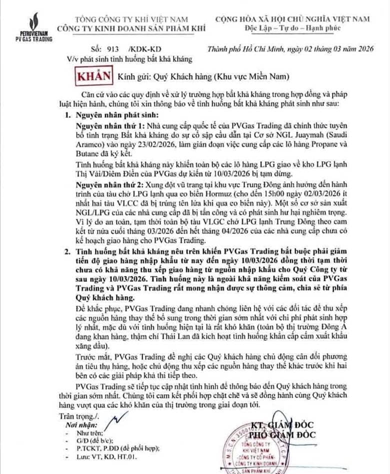 Thông báo khẩn về việc đứt gãy nguồn cung Gas (LPG) nhập khẩu của PV Gas Trading