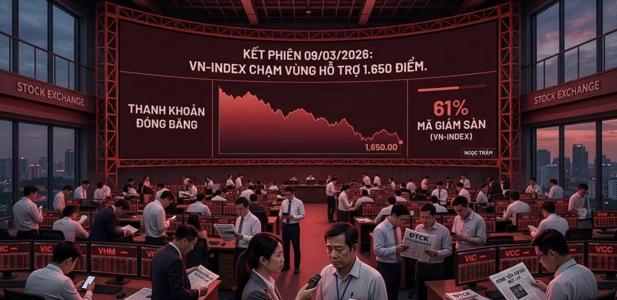 Kết phiên 09/03/2026: Dòng tiền sợ hãi rút lui, VN-Index chạm vùng hỗ trợ 1.650 điểm