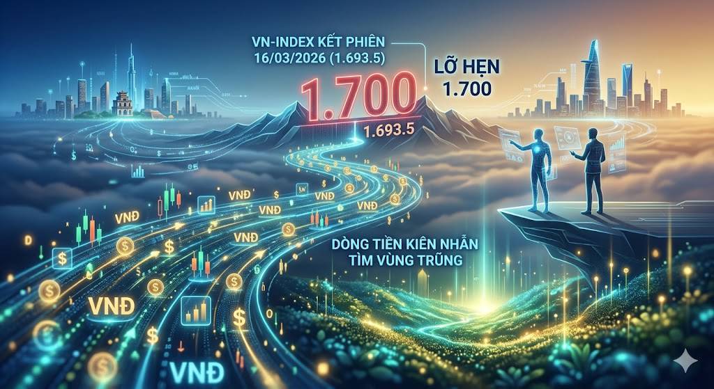 VN-INDEX kết phiên ngày 16/03/2026 lỡ hẹn mốc 1.700: Khi dòng tiền kiên nhẫn tìm vùng trũng