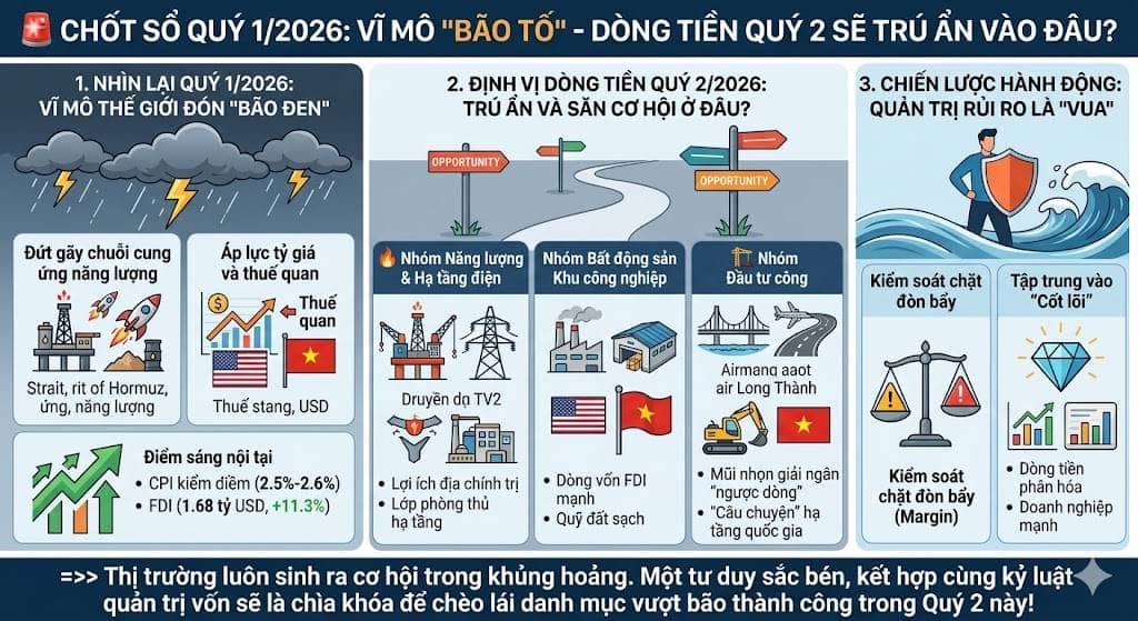 Chốt sổ quý 1/2026: vĩ mô "bão tố" - dòng tiền quý 2 sẽ trú ẩn vào đâu?