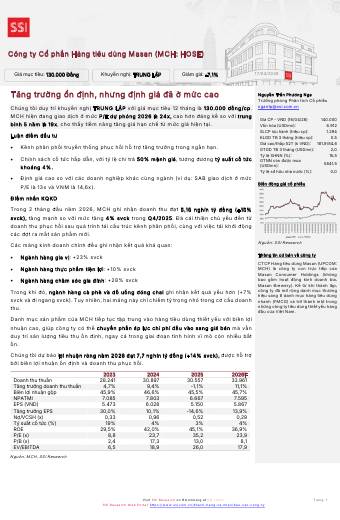 MCH: Khuyến nghị TRUNG LẬP với giá mục tiêu 130,000 đồng/cổ phiếu