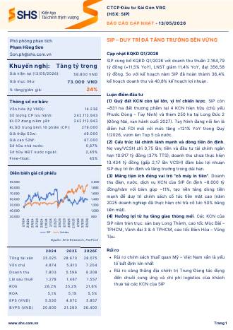 SIP: Khuyến nghị TĂNG TỶ TRỌNG với giá mục tiêu 73,000 đồng/cổ phiếu