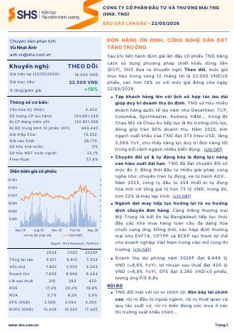 TNG: Khuyến nghị THEO DÕI với giá mục tiêu 22,500 đồng/cổ phiếu