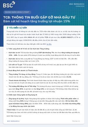 TCB: Khuyến nghị MUA với giá mục tiêu 42,800 đồng/cổ phiếu